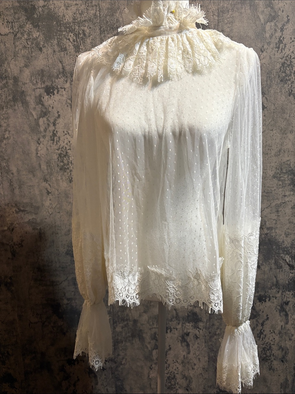 SHEIN Ivory Ruffle Lace High-Neck Blouse